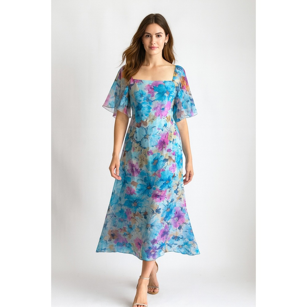 Mildred's of Hawaii 60s 70s‎ vtg turquoise blue floral kaftan maxi dress gown